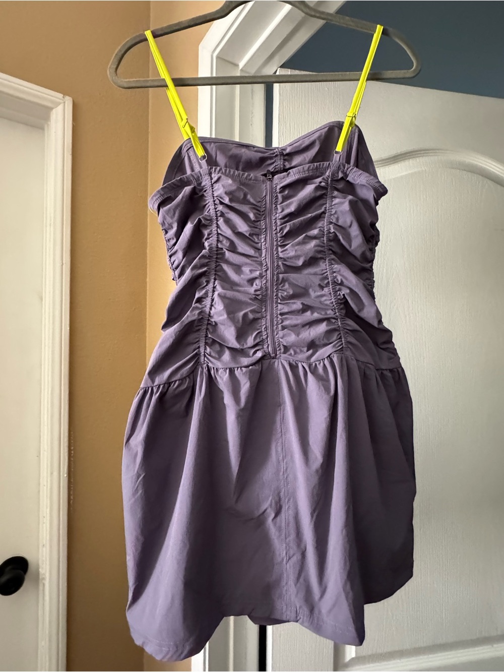 Ruched Lavender Mini Dress with Neon Straps - Picture 2 of 4